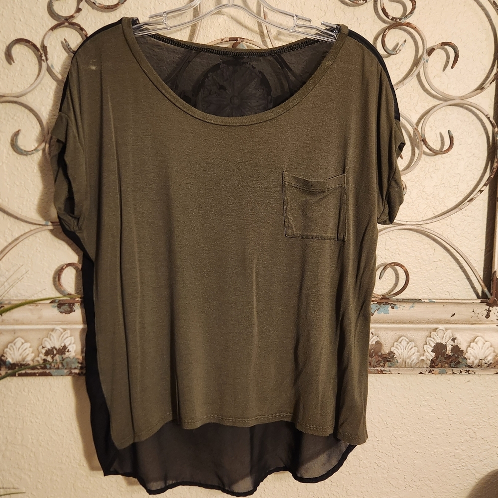 Army green blouse with sheer black back